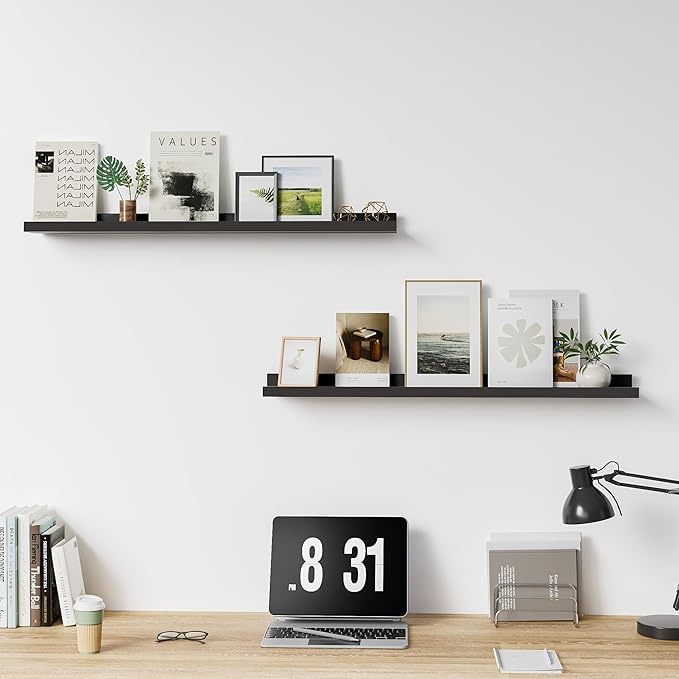 Floating Shelves for Wall, 36 inch Solid Wood Picture Ledge Shelf, Picture Shelf for Wall with Ledge, Floating Book Shelves for Living Room Bedroom Kitchen Nursery Decor, Black, Set of 2-NeatNest