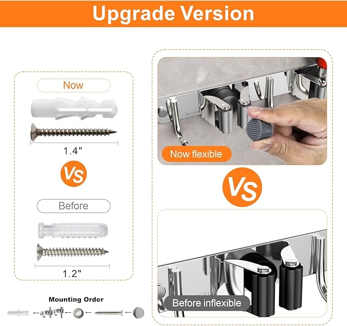 Broom and Mop Organizer Wall Hanging, Upgraded Mop and Broom Holder Wall Mount, Stainless Steel Broom Hanger Wall Mount for Laundry Room Organization and Storage(5 Racks with 4 Hooks)-NeatNest
