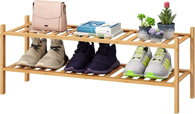 2-Tier Long Shoe Rack for Entryway, Black Bamboo Wood Shoe Rack for Closet & Hallway, Long 33IN | Beautiful | Functional | Sturdy | Durable-NeatNest
