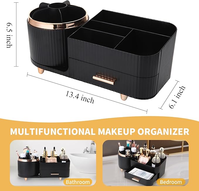 Makeup Organizer Countertop with Drawer 360 Rotating Brush Holder Storage Large Capacity Skincare Cosmetic Display Cases for Vanity Bathroom Desktop, Model 3016 Black-NeatNest