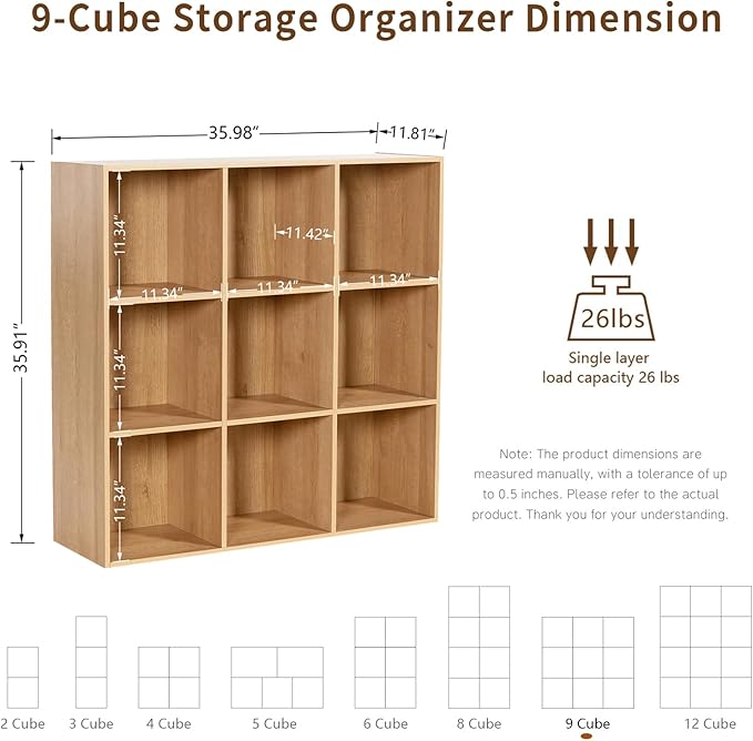 Wooden 9-Cube Storage Organizer with Closed Back Panel, 11in Cube Shelf Opening, Bookshelf, Display Shelf,Closet Cabinet for Home and Office,Natural Oak