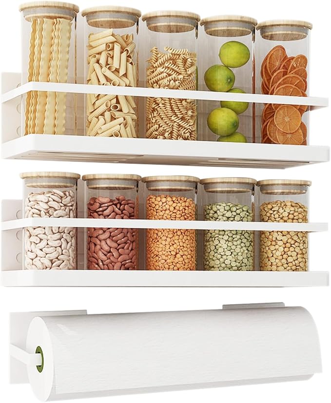 Magnetic Spice Rack for Refrigerator Magnetic Fridge Shelf for Kitchen Spice Organizer Magnetic Shelf for Fridge Space Saving White 2 Pack with Magnetic Paper Towel Holder