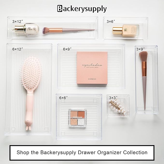 Backerysupply Clear Plastic Drawer Organizer Tray for Vanity Cabinet (6"×6"×2",Set of 8),Storage Tray for Makeup, Kitchen Utensils, Jewelries, and Gadgets…-NeatNest