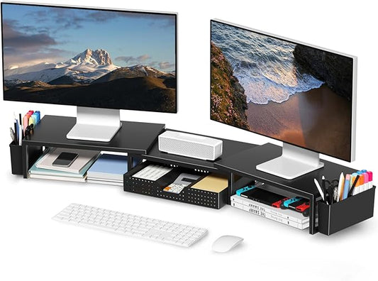 Desk Organizers and Accessories, Dual Monitor Stand Riser with Drawer and 2 Pen Holders, Desk Shelf Metal Computer Monitor Stand for Office Workspace Organizers, Desktop Organization (Black)-NeatNest