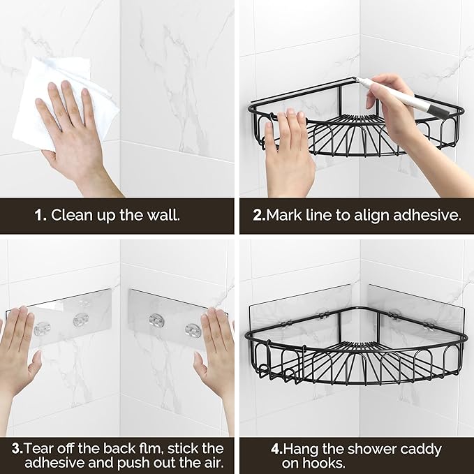 Orimade Corner Shower Caddy with 2 Hooks Wall Mounted Metal Bathroom Shelf Storage Organizer Adhesive No Drilling 2 Pack, Black Only for 90-Degree Corner