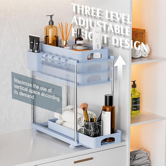 Under Sink Organizer (2 Pack), 2 Tier Under Sink Organizer, Adjustable Height Cabinet Organizer and Storage, in Blue-NeatNest