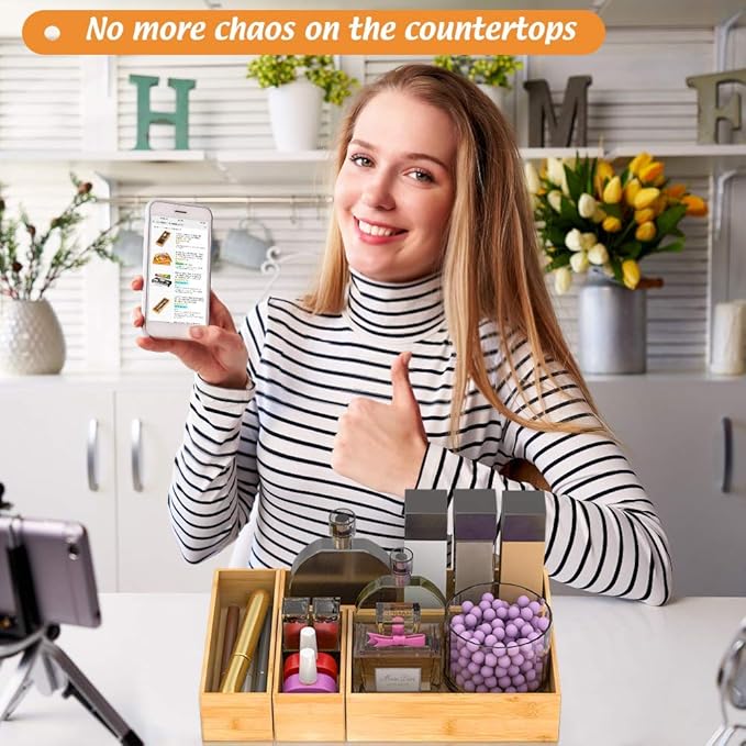Bamboo Drawer Organizer Utensil Holder for Kitchen, Small Wood Silverware Storage Organizer, Stackable Box Tray for Cutlery, Flatware, Bathroom Caddy for Makeup, Perfume, Jewelry, 6x3x2.5 Inch-NeatNest