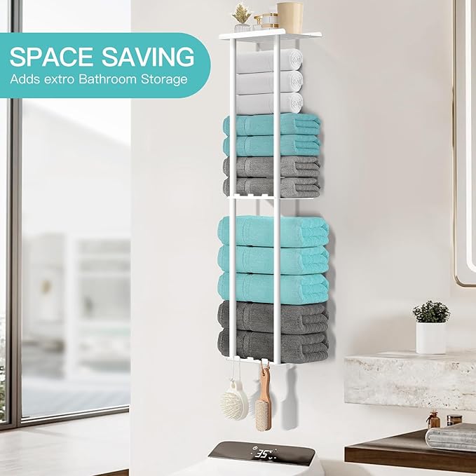 Towel Racks for Bathroom, 36.6 inch Metal Towel Storage, 8 Large Bath Towels Capacity, 3-Tier Towel Holder for Bathroom, with Shelf & 6 Hooks, Wall Mounted Towel Rack for Rolled Towels, White