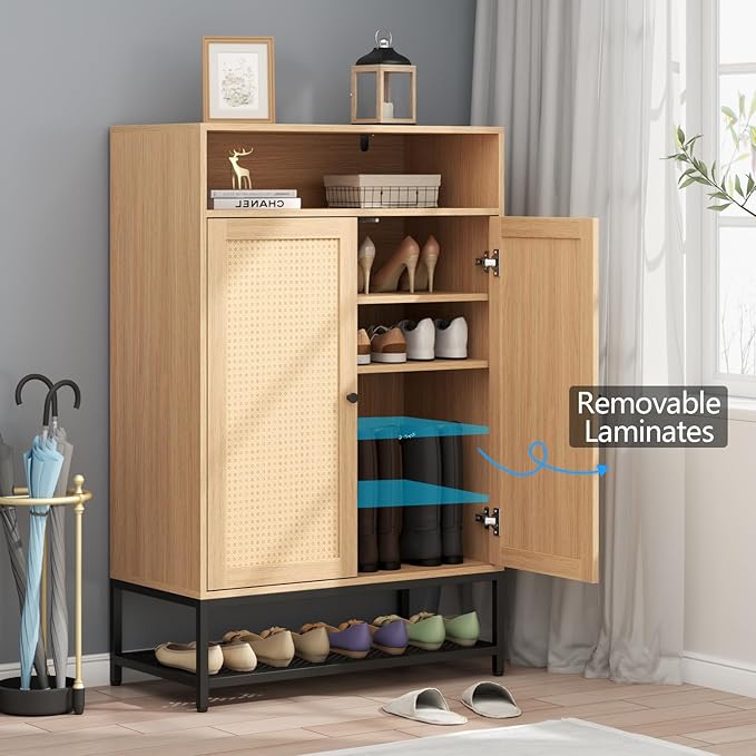 Rattan Shoe Organizer with Doors, Shoe Storage Cabinet with Adjustable Shelves for Entryway, 7-Tier Entryway Shoe Rack Storage for Hallway, Closet, Living Room-NeatNest