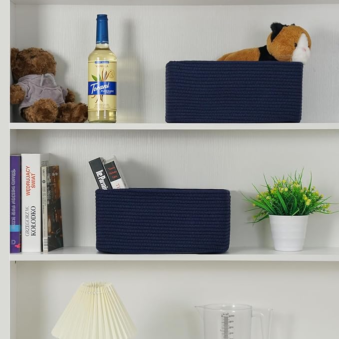 3-Pack Storage Baskets for Organizing | Woven Shelf Toy Basket | Rope Baskets for Gifts Empty | Closet Organizer Bins with Handles | Cube Decorative Box | 13.7×7.1×6.7” | Navy Blue-NeatNest