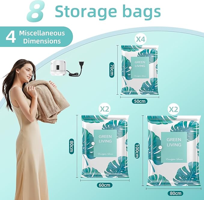 Thicken Vacuum Storage Bags with Electric Air Pump, Vacuum Sealer Bags, Air Compression Space Saver Bags for Clothes, Blanket, Duvets, Pillows, Comforters, Travel (8 Packs)-NeatNest