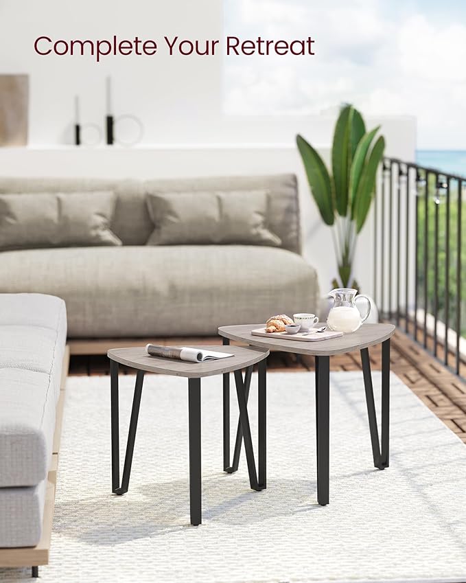VASAGLE Nesting Coffee Tables, End Tables Set of 2 for Living Room Bedroom, Industrial Small Stacking Side Tables with Metal Frame for Couch, Heather Greige and Black ULET013B02