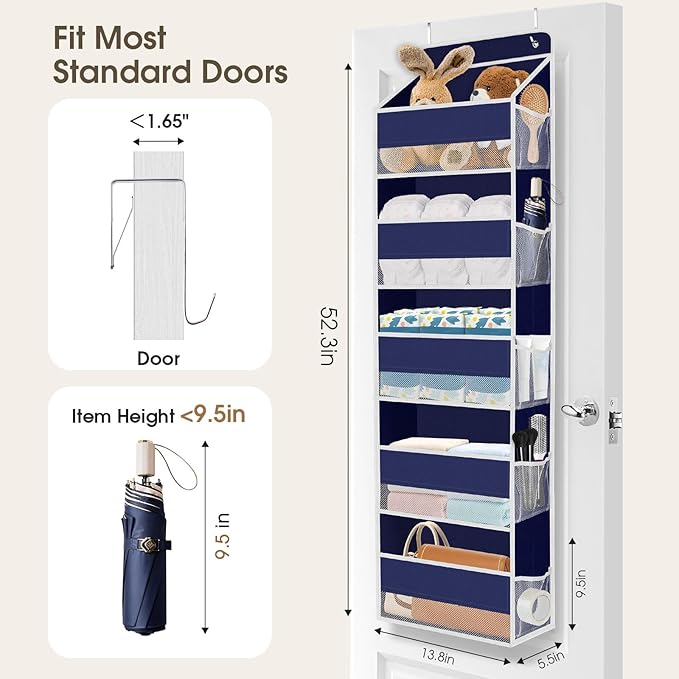 1 Pack Over The Door Organizer, Hanging Storage Organizer with Clear Window, 40lb Ultra Sturdy Large Capacity Room Organizer for Pantry Laundry Bathroom Nursery Closet (Blue)-NeatNest