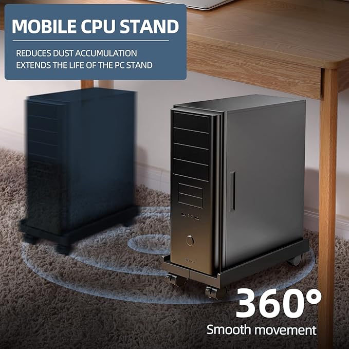 Adjustable Mobile CPU Stand, Ventilated Computer Tower Stand with 4 Caster Wheels Fits Most PC Tower, Under Desk CPU Holder PC Floor Cart Computer Riser for Gamers and Students (White)