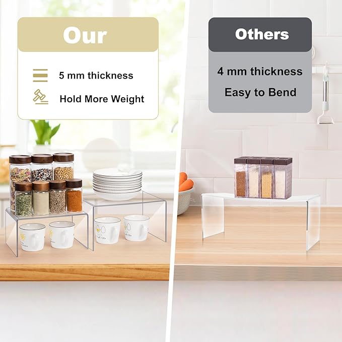 Acrylic Clear Kitchen Rack for Dishes, Spices Jars and Mugs, Kitchen Counter Cabinet Organizer, Clear Spice Rack Shelves, 5mm Thick, 2 Pack-NeatNest