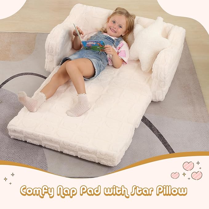 Extra Wider Seating Toddler Couch, 2-in-1 Toddler Soft Couch Fold Out with Star Pillow, Convertible Sofa to Lounger for Girls and Boys, Cream Heart-NeatNest