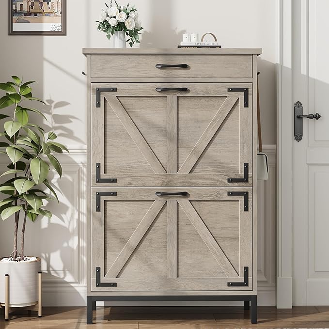 Shoe Storage Cabinet with 2 Flip Drawers, Narrow Shoe Cabinet for Entryway with 1 Top Drawer, Freestanding Hidden Shoe Rack Cabinet with Metal Legs for Foyer, Hallway (Grey)-NeatNest