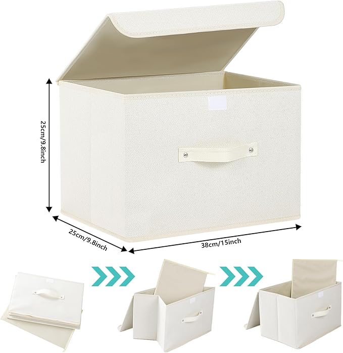 Fabric Storage Bins Cube Organizers with Flip-Top Lid and Handles,Storage Boxes for Organizing Home,Office,and Closet,Beige,3 Pack 15 x 9.8 x 9.8 in-NeatNest