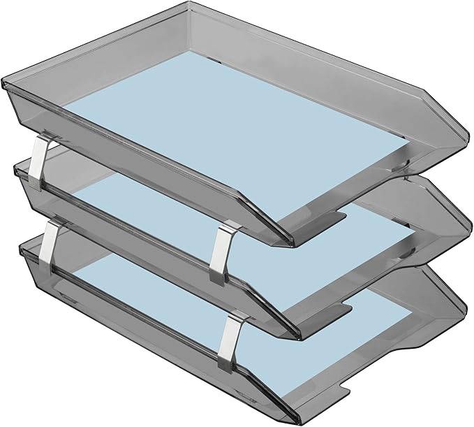 Acrimet Facility 3 Tier Letter Tray, Front Load, Letter Size/A4, Desktop File Organizer, Plastic (Clear Smoke Color)-NeatNest