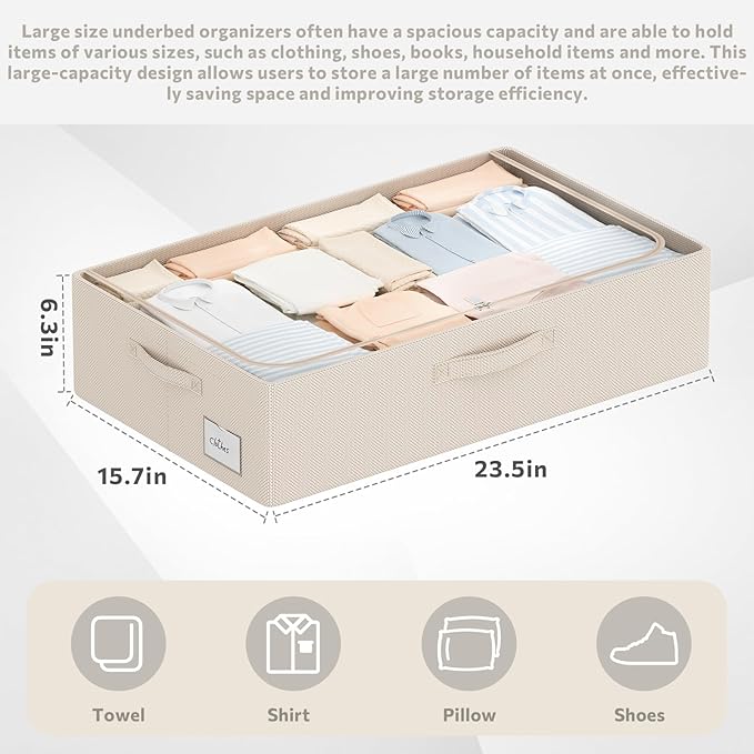 3Pcs Under Bed Storage Bins with Metal Frame - Shoe Organizer for Closet with Clear Cover Oxford Fabric Sturdy Underbed Container Foldable Stackable Clothes Organizer (Beige, 23.5x15.7x6.3)-NeatNest