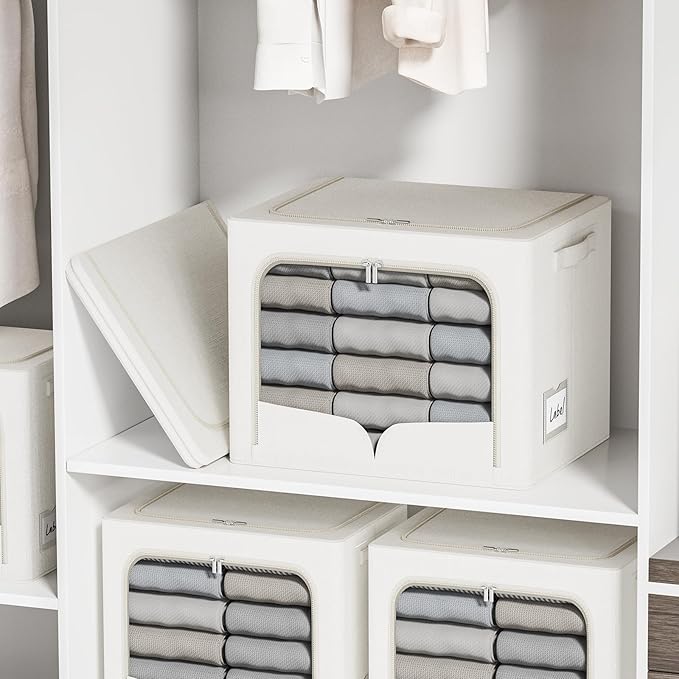 6 Pack Clothes Storage Bins with Metal Frame Clothing Storage Bins with Lid Linen Fabric Storage Box With Clear Window& Zippers& Durable Handles (Medium-30L, Count, 6)-NeatNest