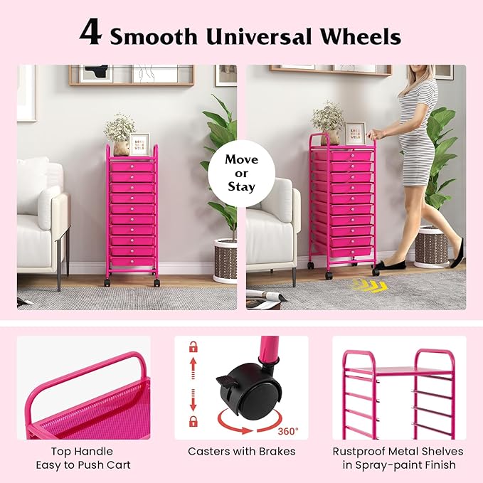 Giantex 10-Drawer Storage Cart w/Universal Wheel, Rolling Cart w/Handle, Home Organizer Storage Unit w/Removable Drawers, Trolley Utility Cart for Kitchen Makeup Living Room Office Play Room, Hot Pink