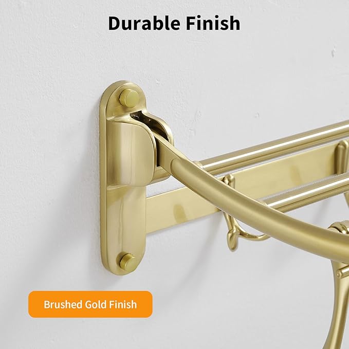 BESy 24 Inch Brushed Gold Towel Racks, Bathroom Towel Shelf with Foldable Towel Bar Holder and Towel Hooks, Wall Mounted Multifunctional Bathroom Accessories, Double Towel Bars-NeatNest