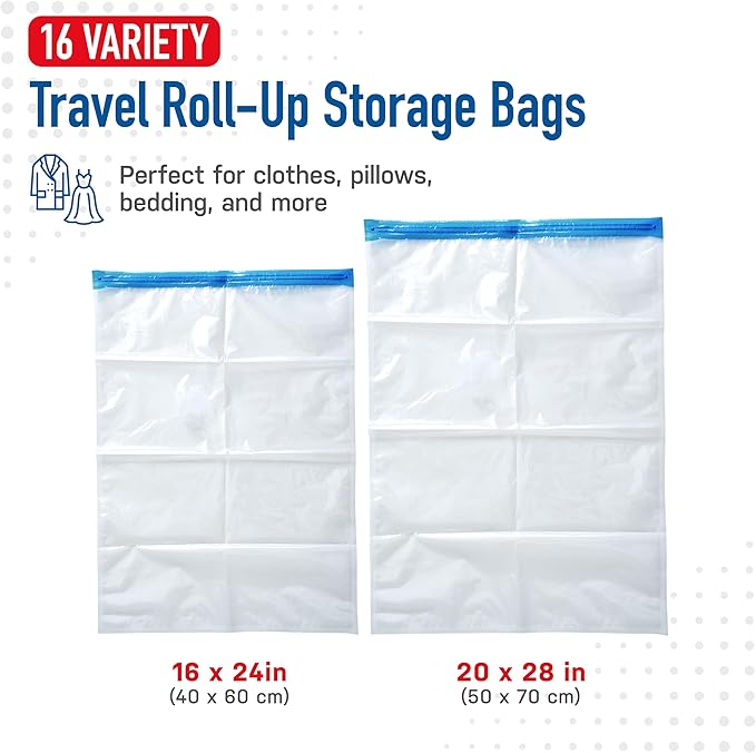 16 Pack Roll Up Vacuum Storage Bags for Comforters, Blankets & Clothes – Vacuum Sealed Compression Bags with Hand Pump – Space Saver Storage Bags for Bedding, Moving, Travel & Organization (4S & 2L)