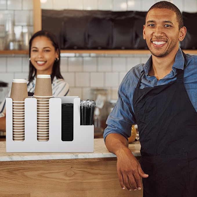 Cunhill 4 Compartments Acrylic Coffee Cup and Lid Storage Organizer Holder Disposable Paper Cup Dispenser Organizer Plastic Lid Holder Accessories for Kitchen Bar Shop Party Supplies (White)-NeatNest