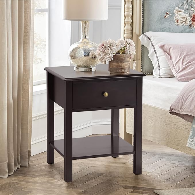 Giantex Nightstand, 2-Tier End Table with Drawer and Open Storage Shelf, Modern Bedside Tables, Wooden Side Table Night Stand for Bedroom, Dorm, Small Spaces, Easy Assembly, Espresso