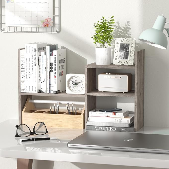 Desktop Bookshelf Organizer Adjustable Wood Desk Storage Shelf Counter Office Storage Rack Top Bookcase Display Books Elegant Light Grey Oak Desktop Bookshelf for Writing Desk Table-NeatNest