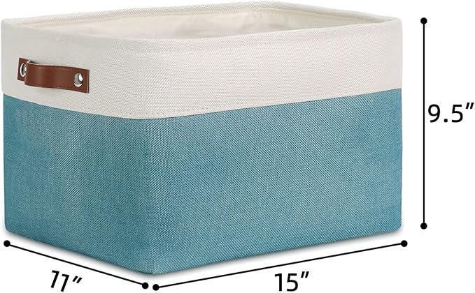 DULLEMELO Fabric Storage Basket for Shelves/Closets, Collapsible Rectangle Basket for Organizing Clothes, Toys, Towels, Books, Laundry, Nursery, Dog Toy Basket Empty (White&Teal)-NeatNest