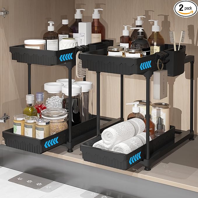 2 Pack Double Sliding Under Sink Organizers and Storage, 2 Tier Under Bathroom Cabinet Shelf Organizer with Hooks Hanging Cup, Home Organization, Black-NeatNest