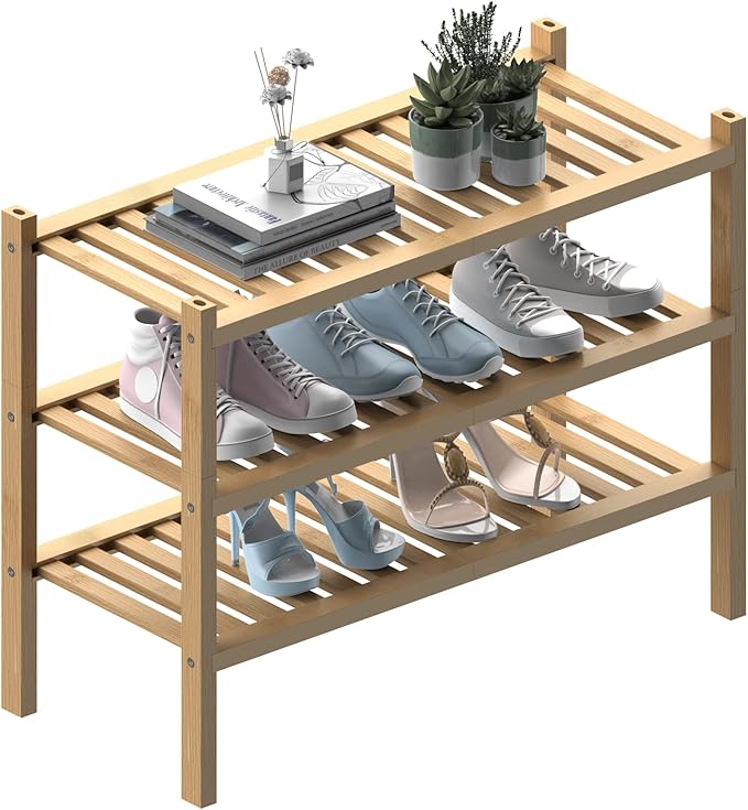 (Thick Bamboo Shoe Rack for Entryway, 3-Tier Free Standing Shoe Racks Stackable Shoe Rack Organizer for Hallway Closet Living Room 27 x12 x21 Inches-NeatNest