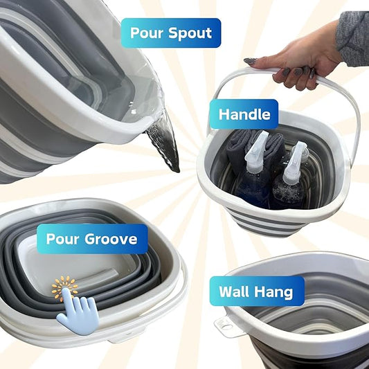Collapsible Bucket 10L (2.6 Gallon) – BPA-Free Folding Silicone with Handle, Spout & Hook | Compact, Space-Saving for Mop, Cleaning, Car Wash, Camping, Beach, and Outdoor Use (Grey)-NeatNest
