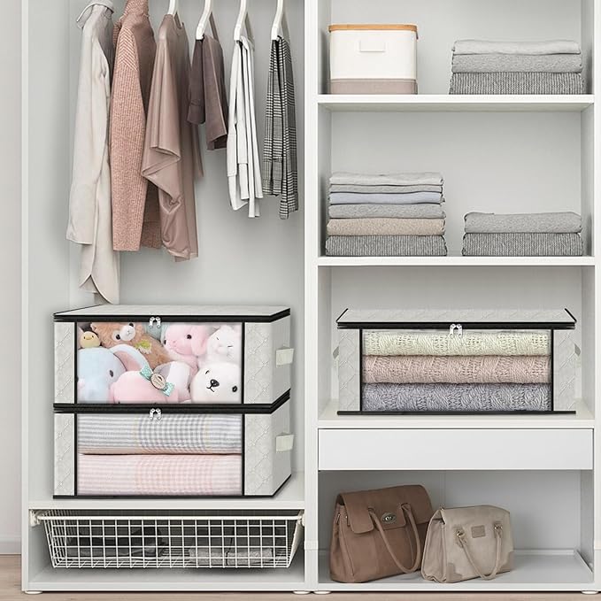 HomeHacks Storage 8-Pack Clothes Organizer Storage Bags Foldable Storage Box with Large Clear Window Sturdy Handles for Closet, Dorm, Pillows, Bedding, Clothes, Blankets, 35L, Ivory-NeatNest