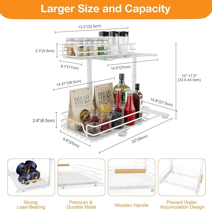 JYPS 2 Pack Under Sink Organizer, 2 Tier Pull Out Under Kitchen Bathroom Sink Organizer and Storage, Metal Sliding Drawer for Cabinet Pantry Undersink Organizers Shelf-NeatNest