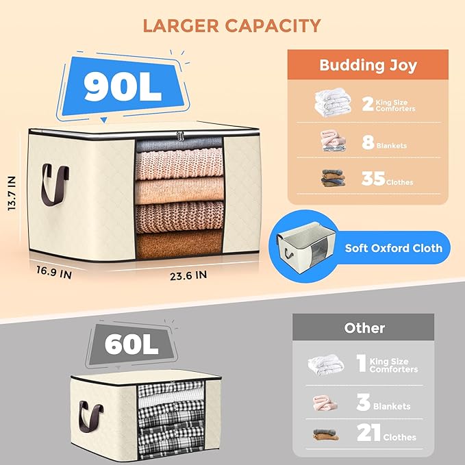 90 L Large Storage Bags, 6 Pack Clothes Storage Bins Foldable Closet Organizers Storage Containers with Reinforced Handle for Clothing, Blanket, Comforters, Bed Sheets, Pillows and Toys (Beige)-NeatNest