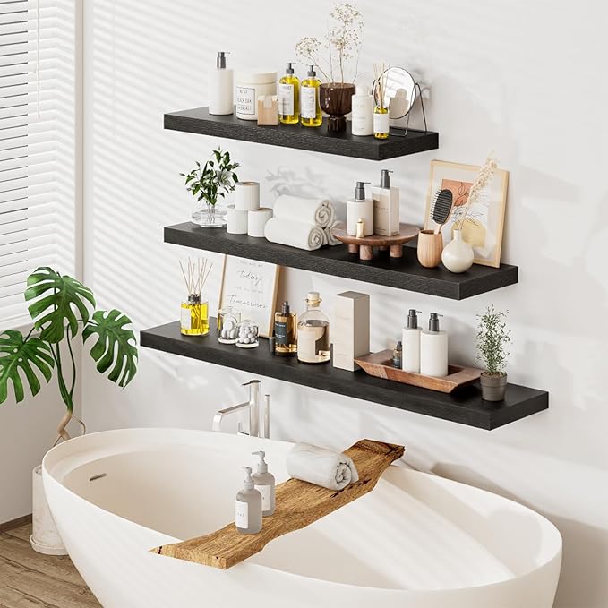 Heimlove 36 Inch Wall Shelf Bathroom Shelves Set of 2, 12" Deep Black Floating Shelves for Wall, Wall Mounted Shelves for Books Living Room Laundry Room Bedroom Kitchen Home Office-NeatNest