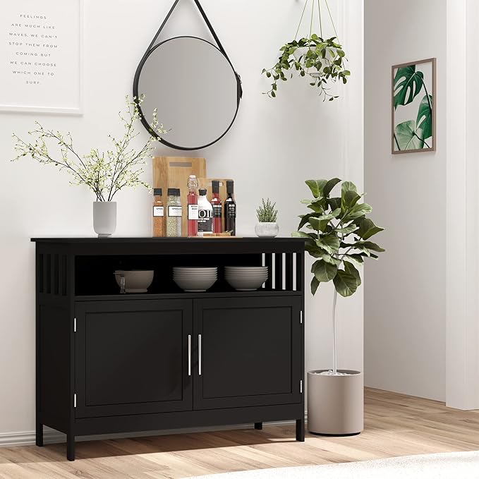 HOMCOM Sideboard Buffet Cabinet, Modern Coffee Bar Cabinet with 2-Level Shelf and Open Compartment, Black-NeatNest