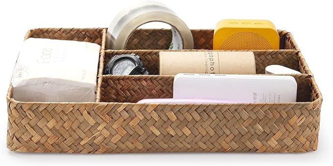 DECRAFTS Seagrass Storage Basket with Compartments Utensil Tray for Organization Silverware Flatware Rectangular Shelf Baskets with 4 Sections Natural-NeatNest
