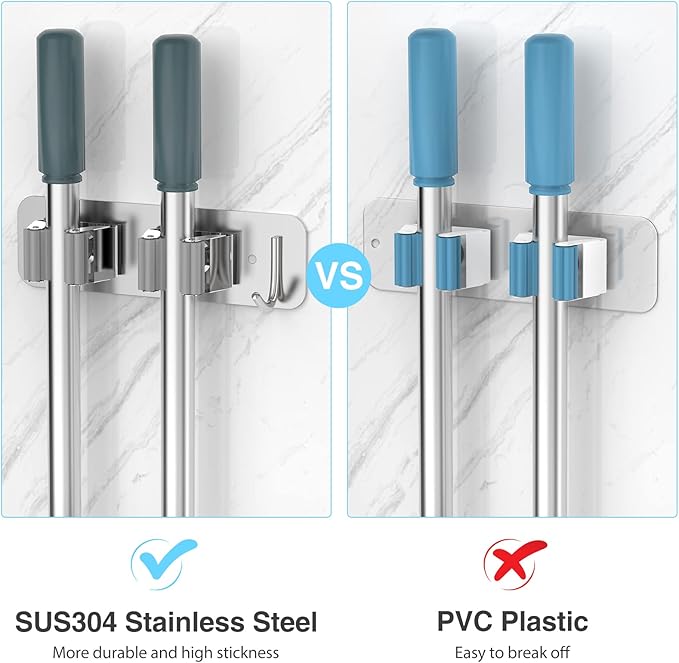 Mop Broom Holder Wall Mounted SUS304 Stainless Steel, Mop Broom Organizer with 2 Installation Methods (No Drilling&Screw Drilling Installation 2 In 1), Mop Hanger Heavy Duty with Hooks, 2PCS-NeatNest