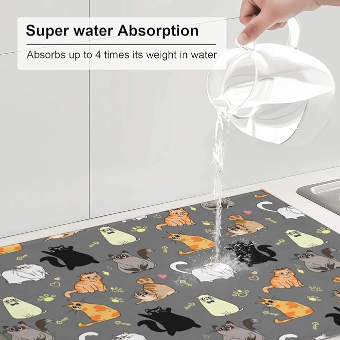 Cute Cat Dish Drying Mat 18 x 24 Inch for Kitchen Counter Cute Kitchen Mat Microfiber Kitchen Countertop Absorbent Reversible Drainer Rack Pad Dish Drying Mat 1PC-NeatNest