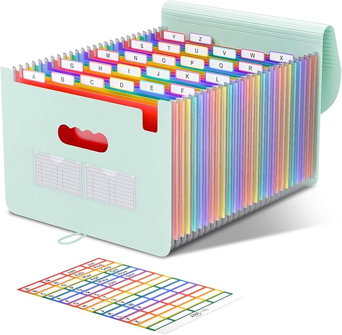 ABC life 26 Pockets Accordion File Organizer, Expanding File Folder, Portable Monthly Paper Bill Tax Receipt Organizer, Letter A4 Size Document Organizer with Blank Labels - Sage Green