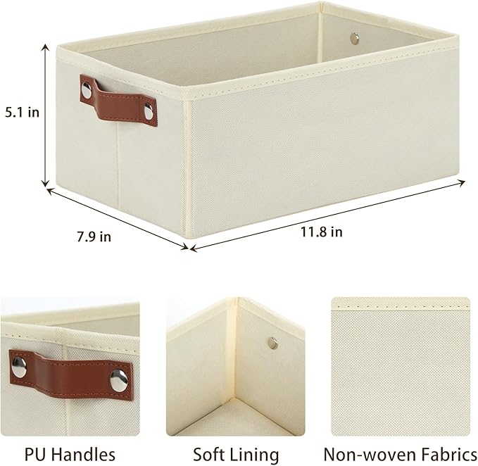 DULLEMELO Fabric Storage Bin with PU Handles, Decorative Basket and Organizer, Collapsible Bin for Toy and Clothes Storage (Light Beige, 11.8L*7.9W*5.1H)-NeatNest