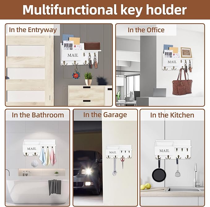 Key Holder for Wall, Heylor Mail and Key Hanger Wall Mount with Double Key Hook and Wall Coat Rack Shelf Decor,Key Organizer Suitable for Entryway, Hallway, Dog Leashes,Kitchen and Living Room (White)