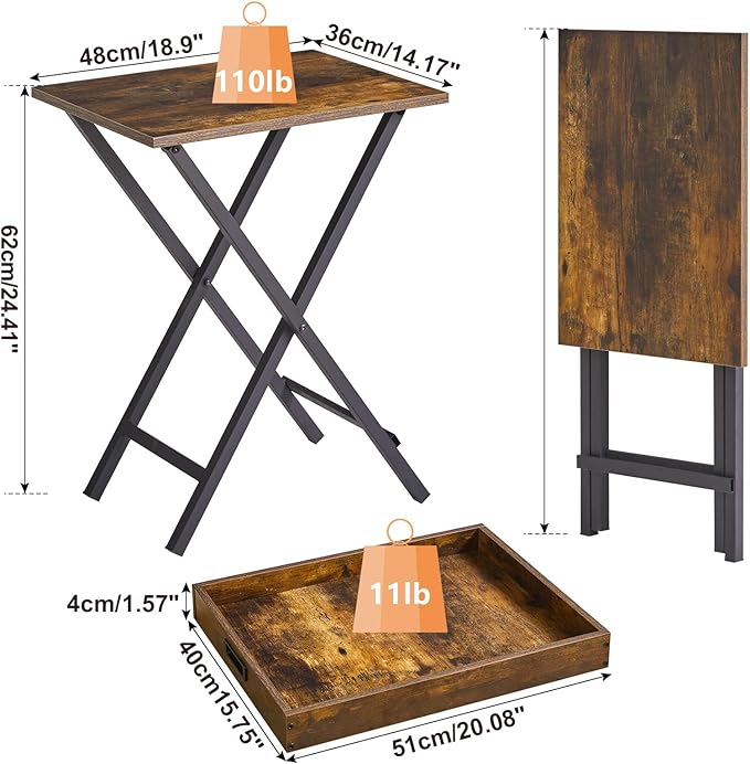 IBUYKE Foldable TV Tray Set of 2 TV,End Table with Removable Food Serving Tray,Portable Wooden Snack Table for Livingroom, Bedroom, Office, Camping,Rustic Brown, UTVT001H-NeatNest