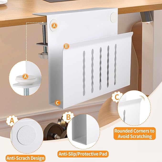 Desk Side Storage Under Desk Laptop Holder, No Drill Hanging Desk Organizer with Pen Holder, Clamp-On Table Side Tray Desktop Organization Mount for Office and Home (White)-NeatNest