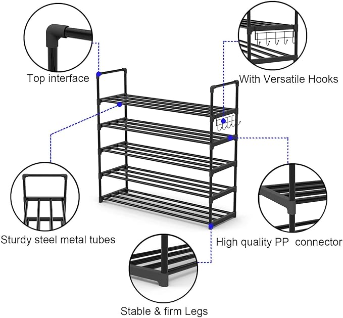 5 Tiers Metal Shoe Rack,Adjustable Shoe Shelf Storage Organizer with Hooks,Stackable Boot & Shoe Storage,for Entryway,Hallway,Closet,Black-NeatNest