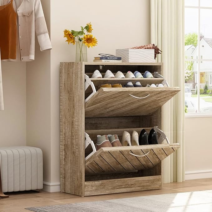 Shoe Cabinet with 2 Flip Drawers, Shoe Storage Organizer with 2-Tier Shelf for Entryway, Freestanding Shoe Rack Storage Organizer(Burlywood)-NeatNest